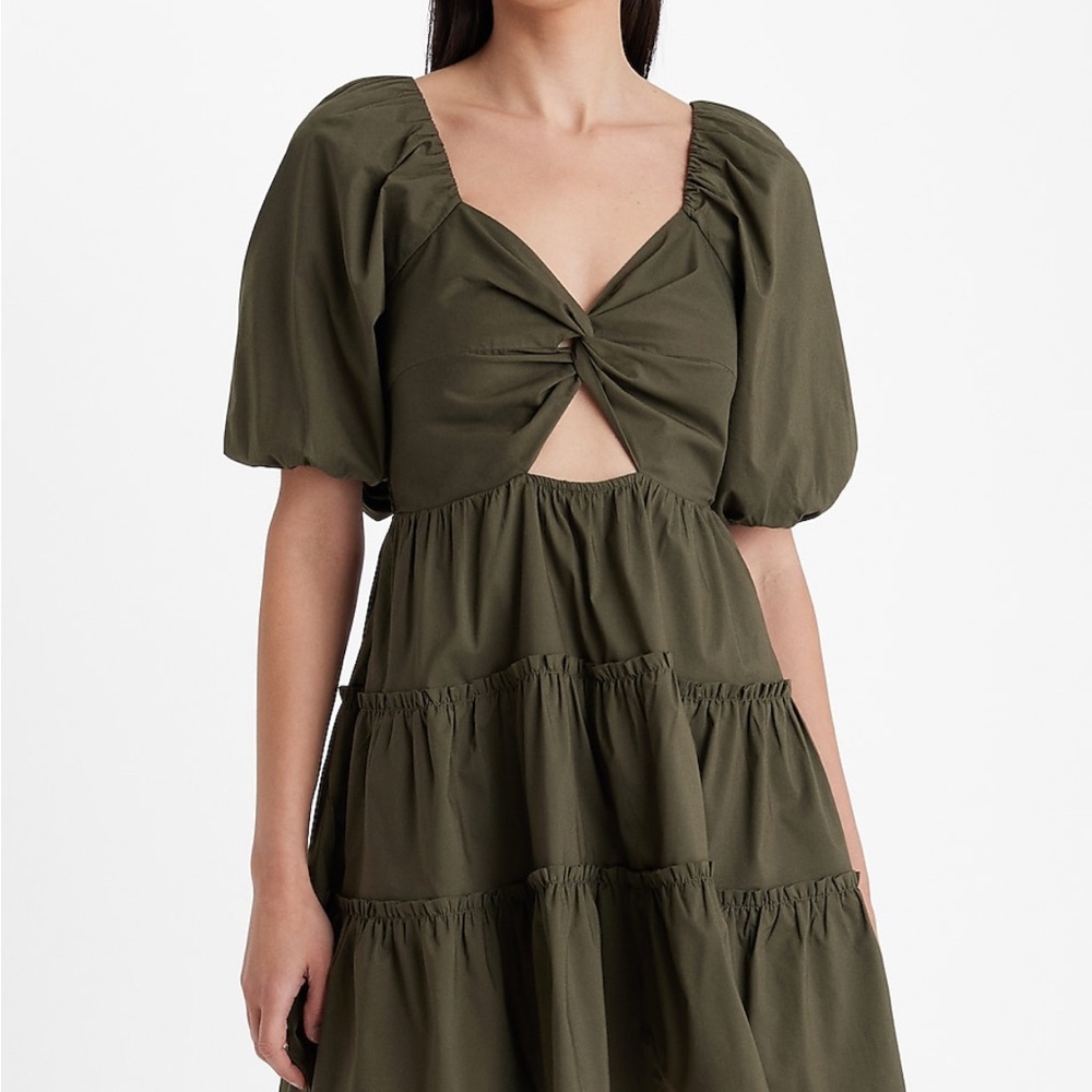 Express V-Neck Puff Sleeve Cutout Tiered Minidress - Olive Green